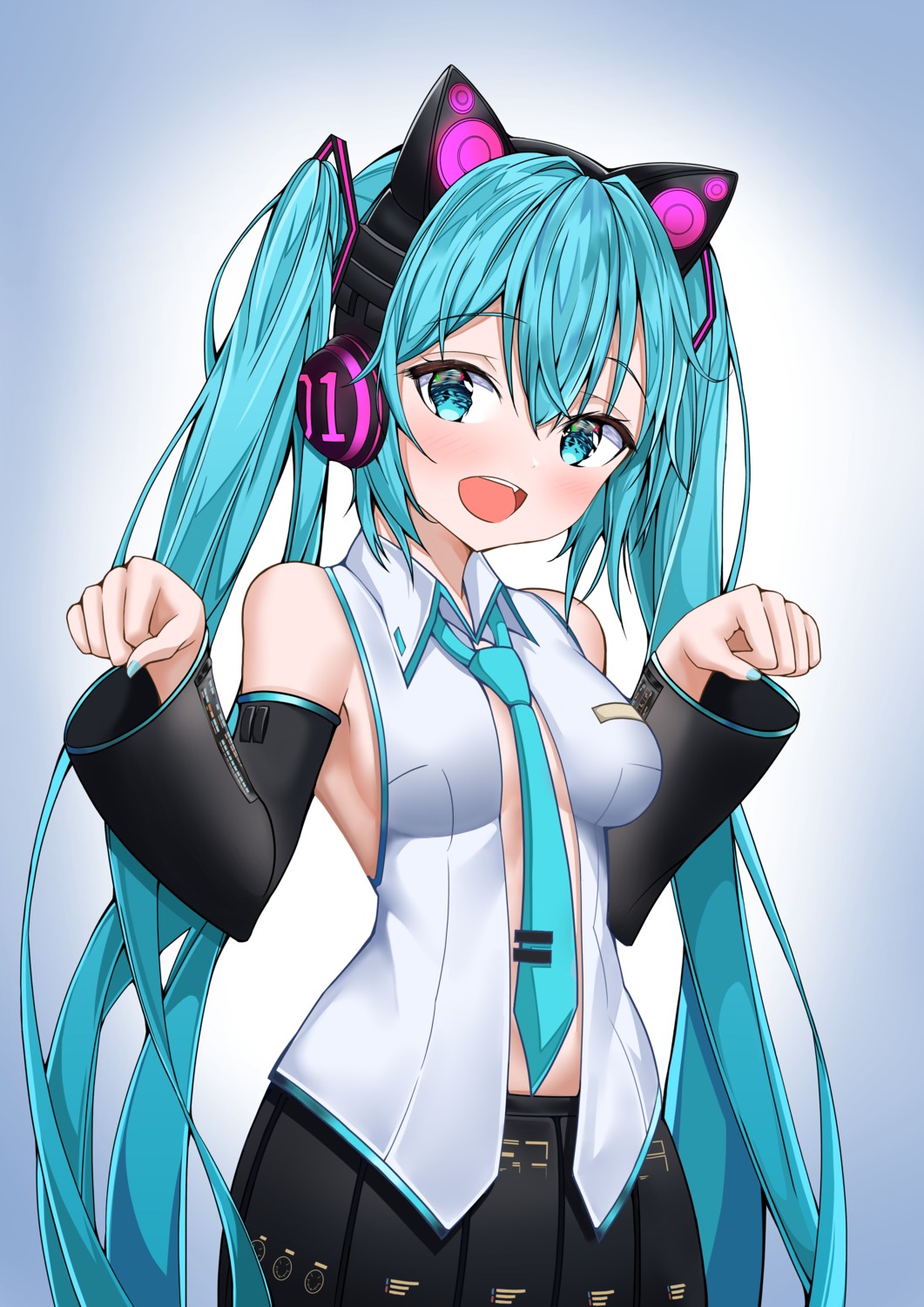 animal_ears, hatsune_miku, headphones, nekomimi, no_bra, open_shirt, tor_ai, vocaloid
