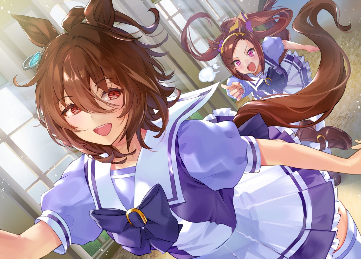 agnes_tachyon_(umamusume), animal_ears, sakura_bakushin_o_(umamusume), seifuku, skirt_lift, tail, uma_musume_pretty_derby, yanyo