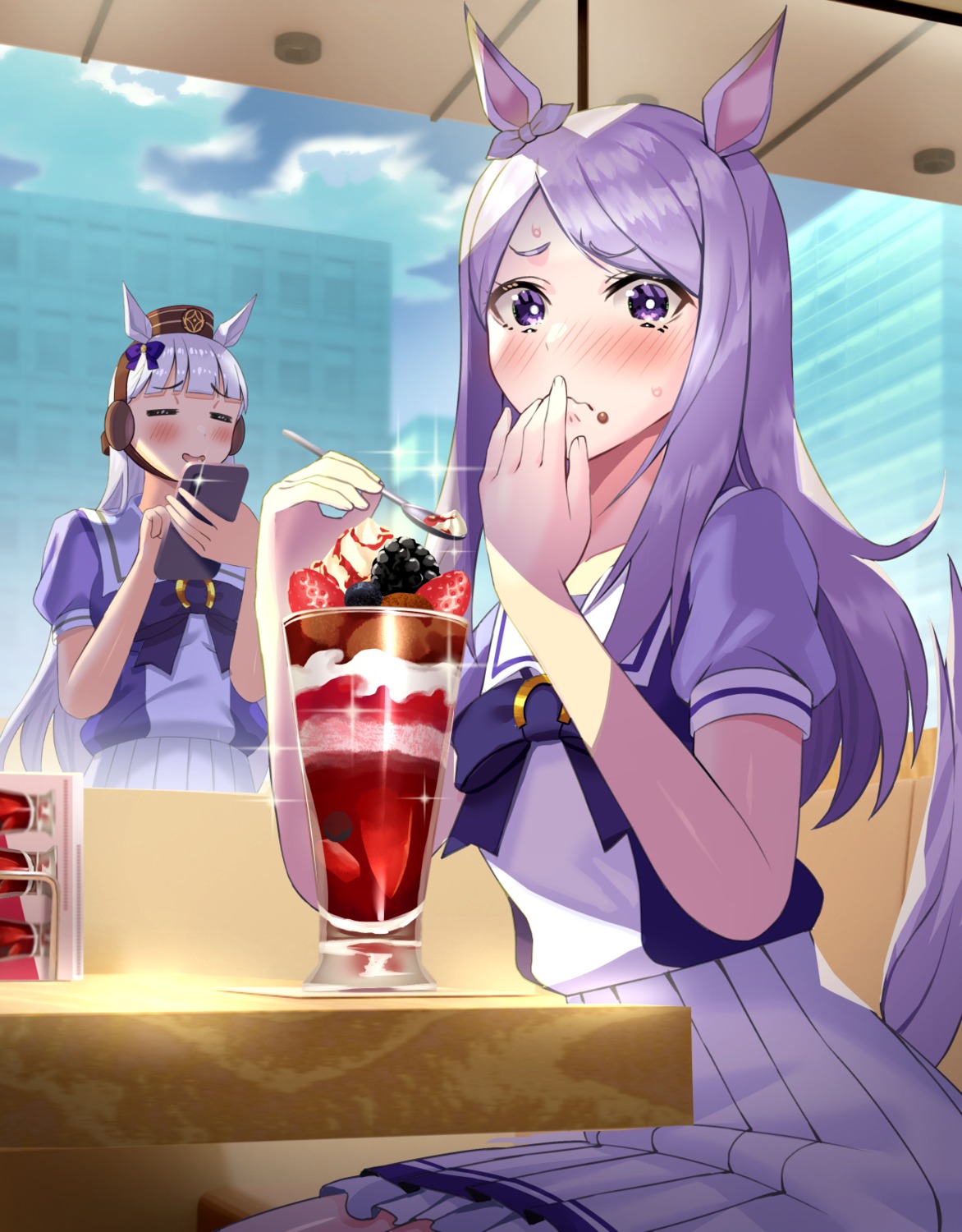 animal_ears, beppu_mitsunaka, cream, gold_ship_(umamusume), mejiro_mcqueen_(umamusume), seifuku, tail, uma_musume_pretty_derby