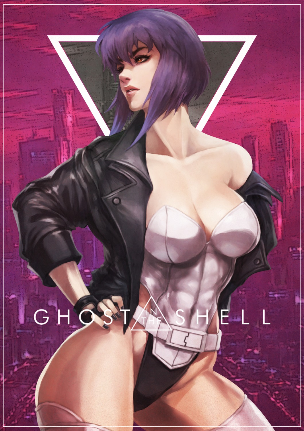 cleavage, ghost_in_the_shell, kusanagi_motoko, leotard, monori_rogue, no_bra, thighhighs