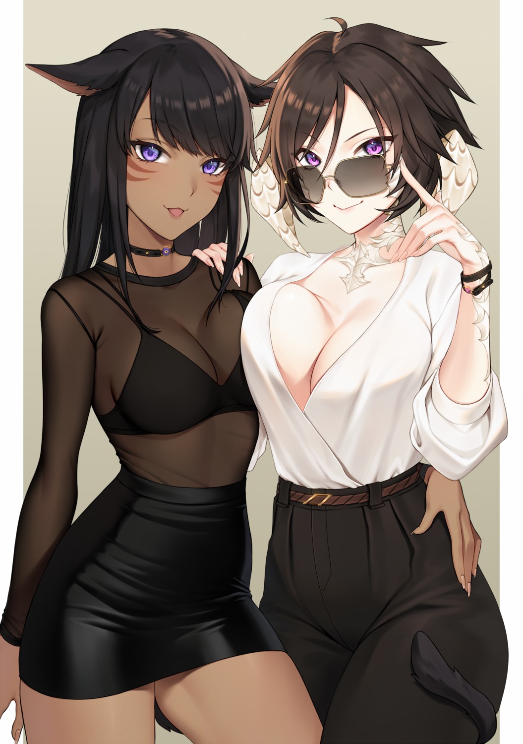 animal_ears, au_ra, bra, cleavage, final_fantasy, final_fantasy_xiv, horns, megane, miqo'te, nekomimi, no_bra, open_shirt, reiji-rj, seifuku, tail
