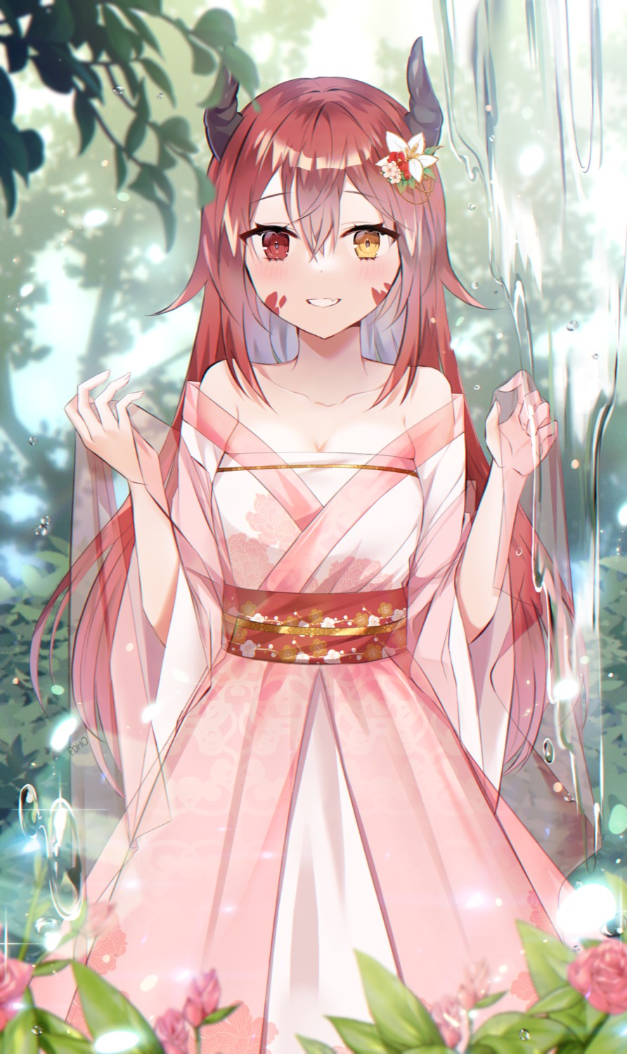 asian_clothes, cleavage, heterochromia, horns, poho