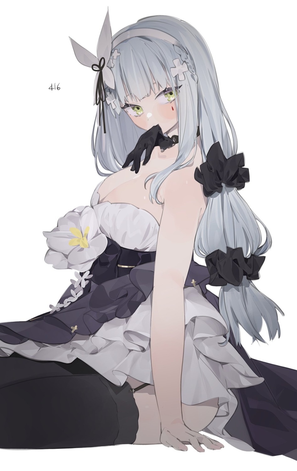 cleavage, dress, girls_frontline, hk416_(girls_frontline), no_bra, rippootai, skirt_lift, stockings