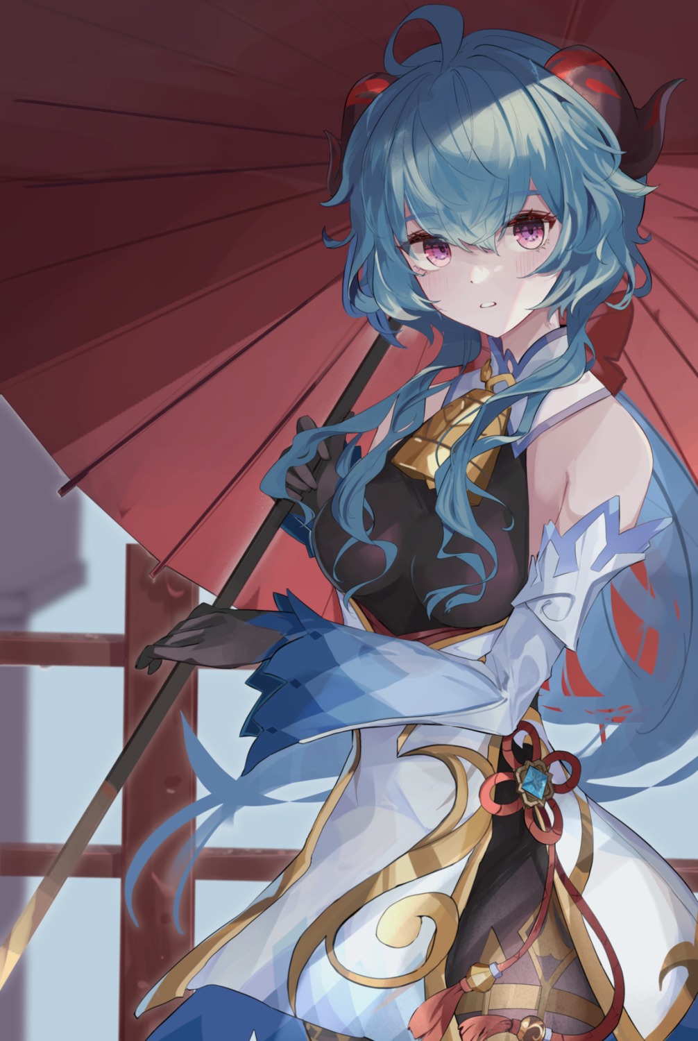 asian_clothes, ganyu, genshin_impact, horns, umbrella, units_lustil