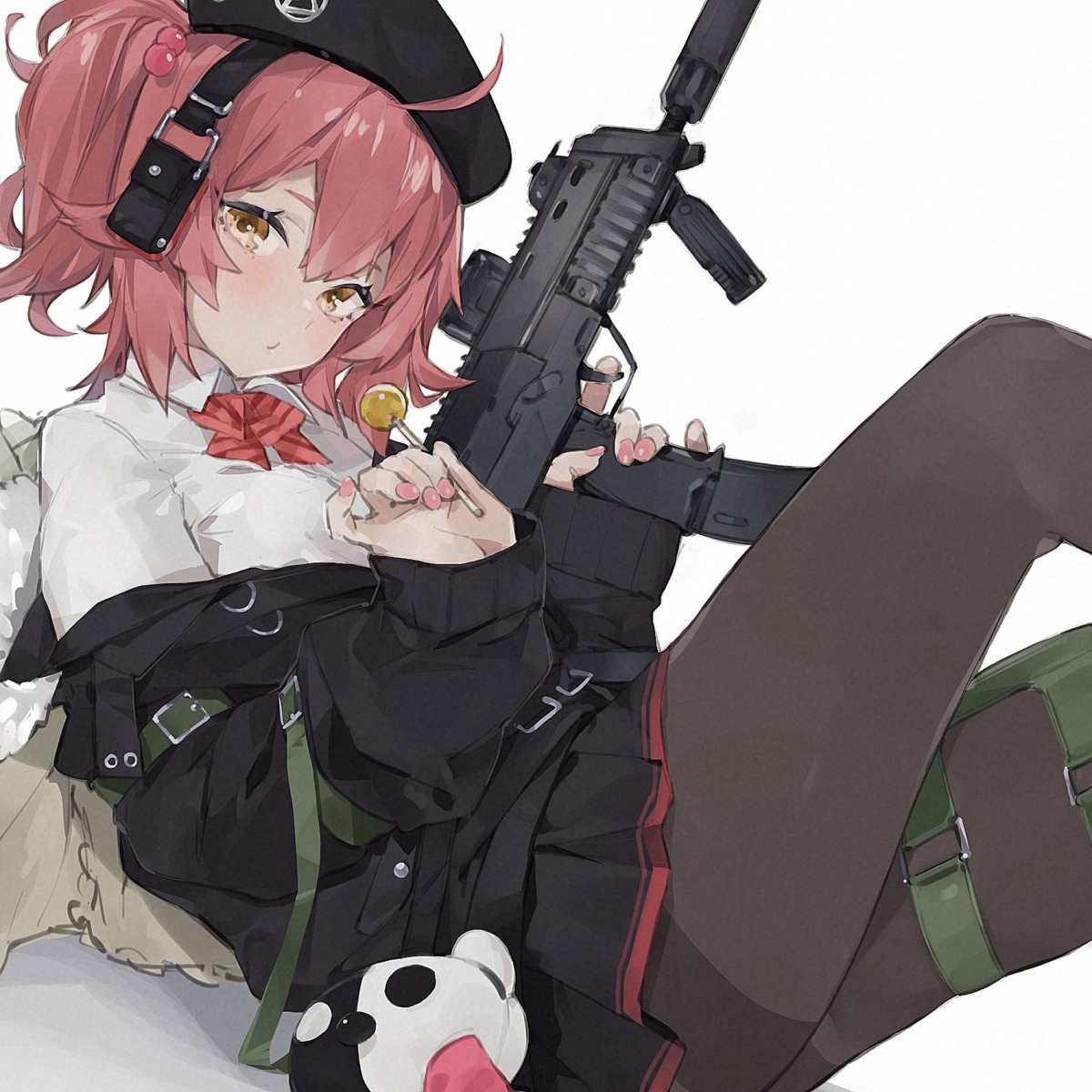 garter, girls_frontline, gun, mp7_(girls_frontline), pantyhose, rippootai, seifuku, skirt_lift