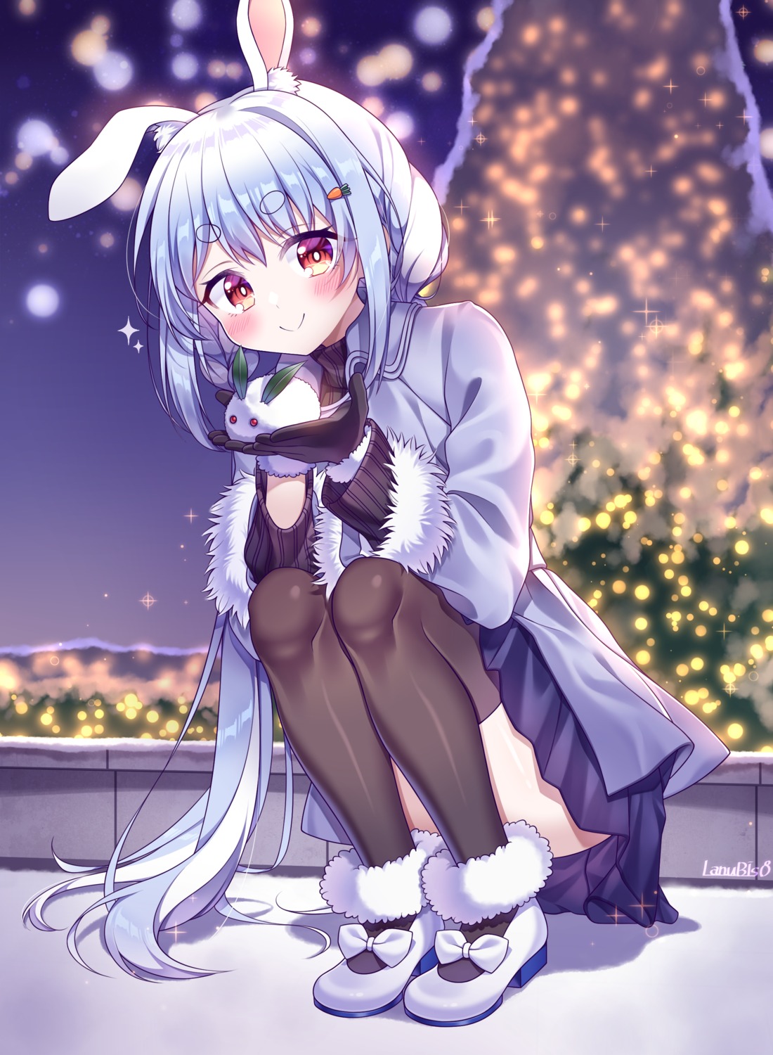 animal_ears, bunny_ears, christmas, hololive, lanubis, skirt_lift, thighhighs, usada_pekora