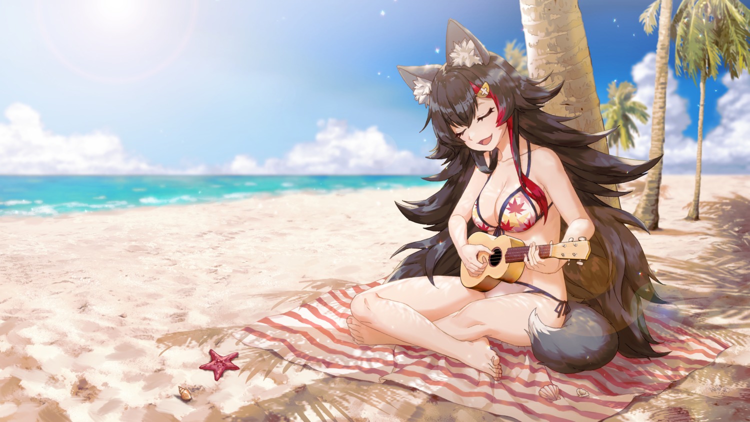 aesice, animal_ears, bikini, guitar, hololive, hololive_gamers, ookami_mio, swimsuits