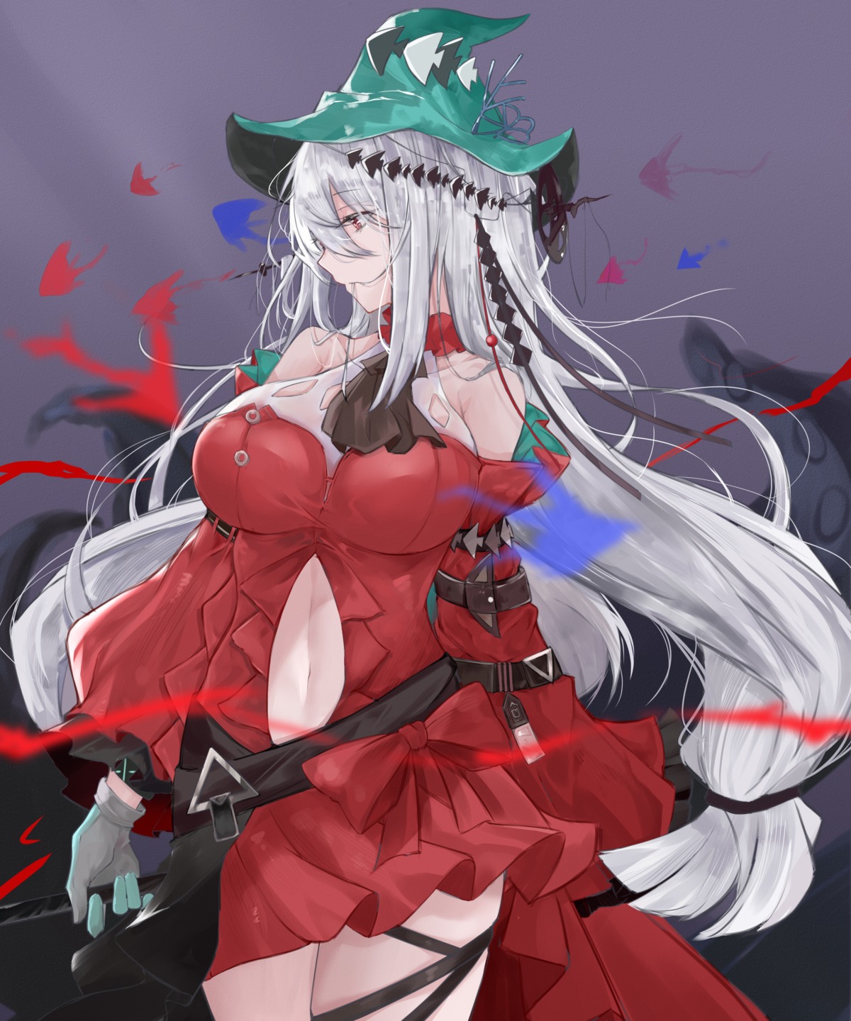 dress, garter, kaminarichyan, skirt_lift, tentacles, weapon, witch