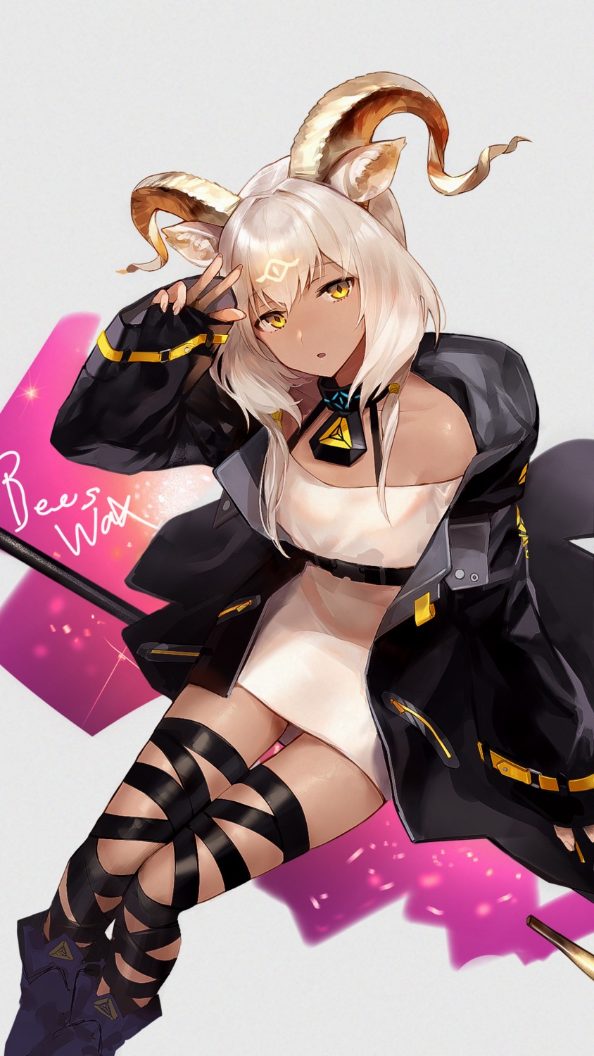 animal_ears, arknights, beeswax_(arknights), dress, horns, ink.