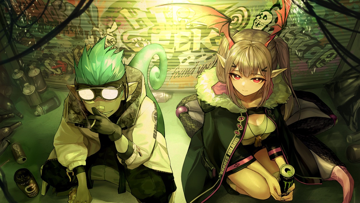 arknights, cleavage, ethan_(arknights), ink., manticore_(arknights), pointy_ears, smoking, tail, wallpaper, wings
