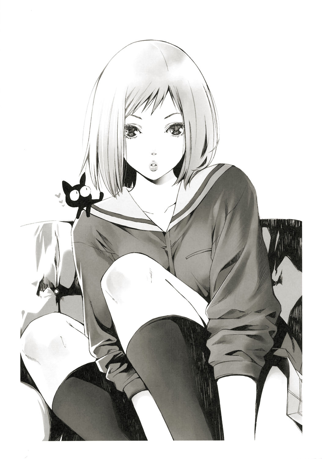 flcl, monochrome, neko, samejima_mamimi, seifuku
