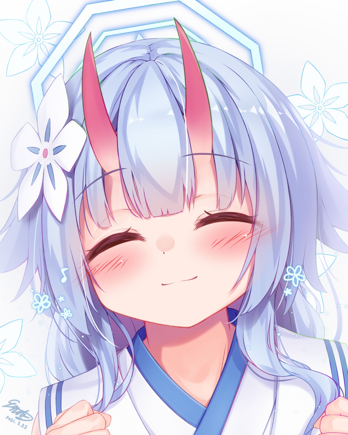 blue_archive, e-note, horns, japanese_clothes, waraku_chise