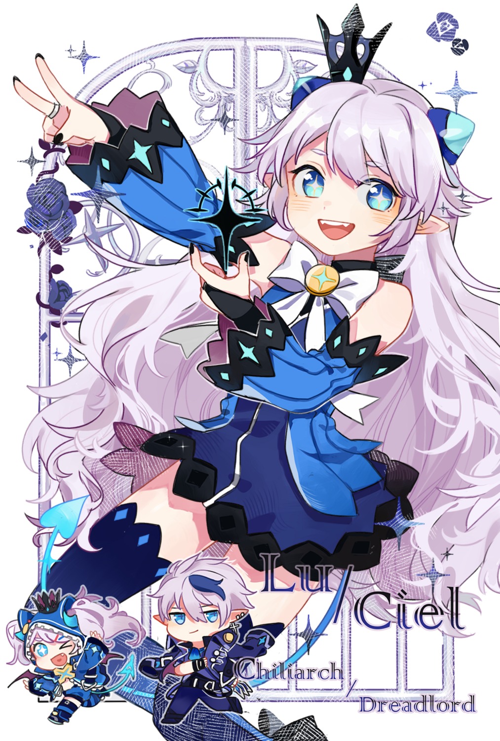 arin_(fanfan013), chibi, elsword, lu_(elsword), pointy_ears, skirt_lift, tail, thighhighs
