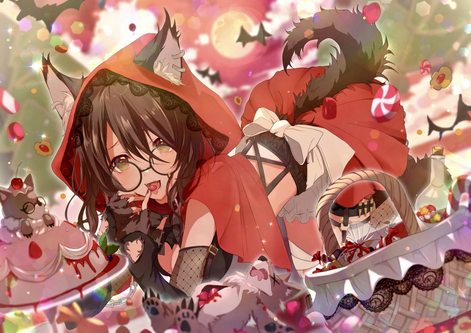 animal_ears, cosplay, fishnets, garter, light_up, little_red_riding_hood_(character), megane, peach_punch, tail, yuzuki_uru