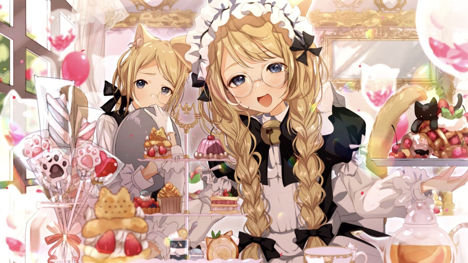 animal_ears, maid, megane, nekomimi, peach_punch, tail