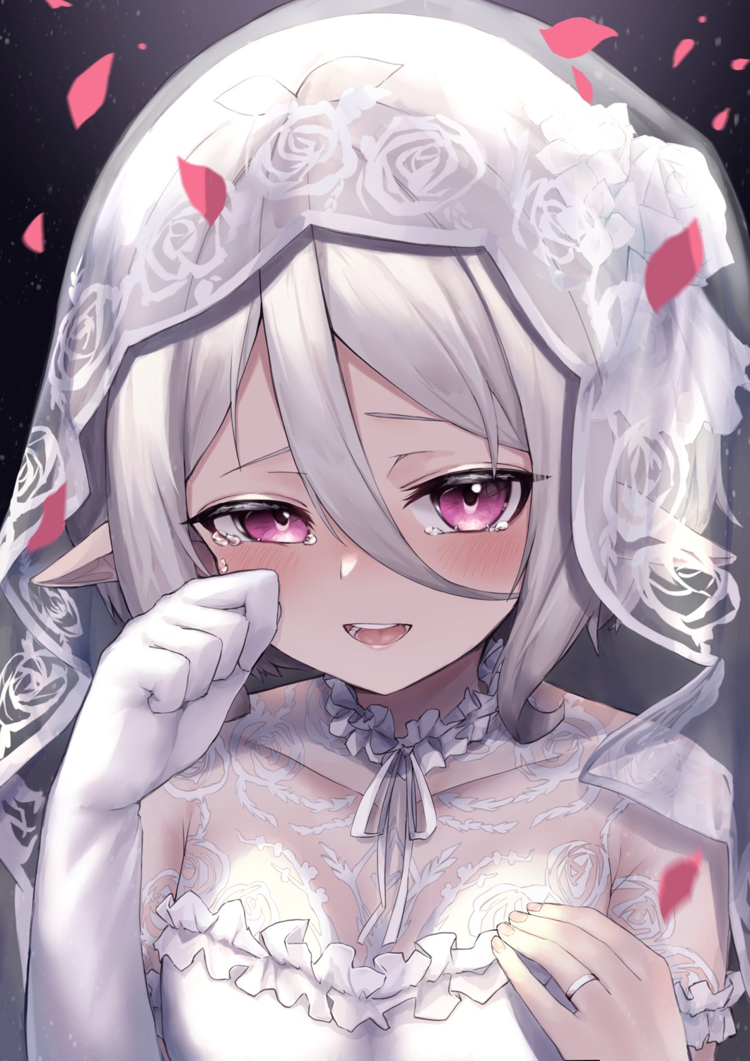 cleavage, dress, hinamayo, kokkoro, pointy_ears, princess_connect!, princess_connect!_re:dive, see_through, wedding_dress