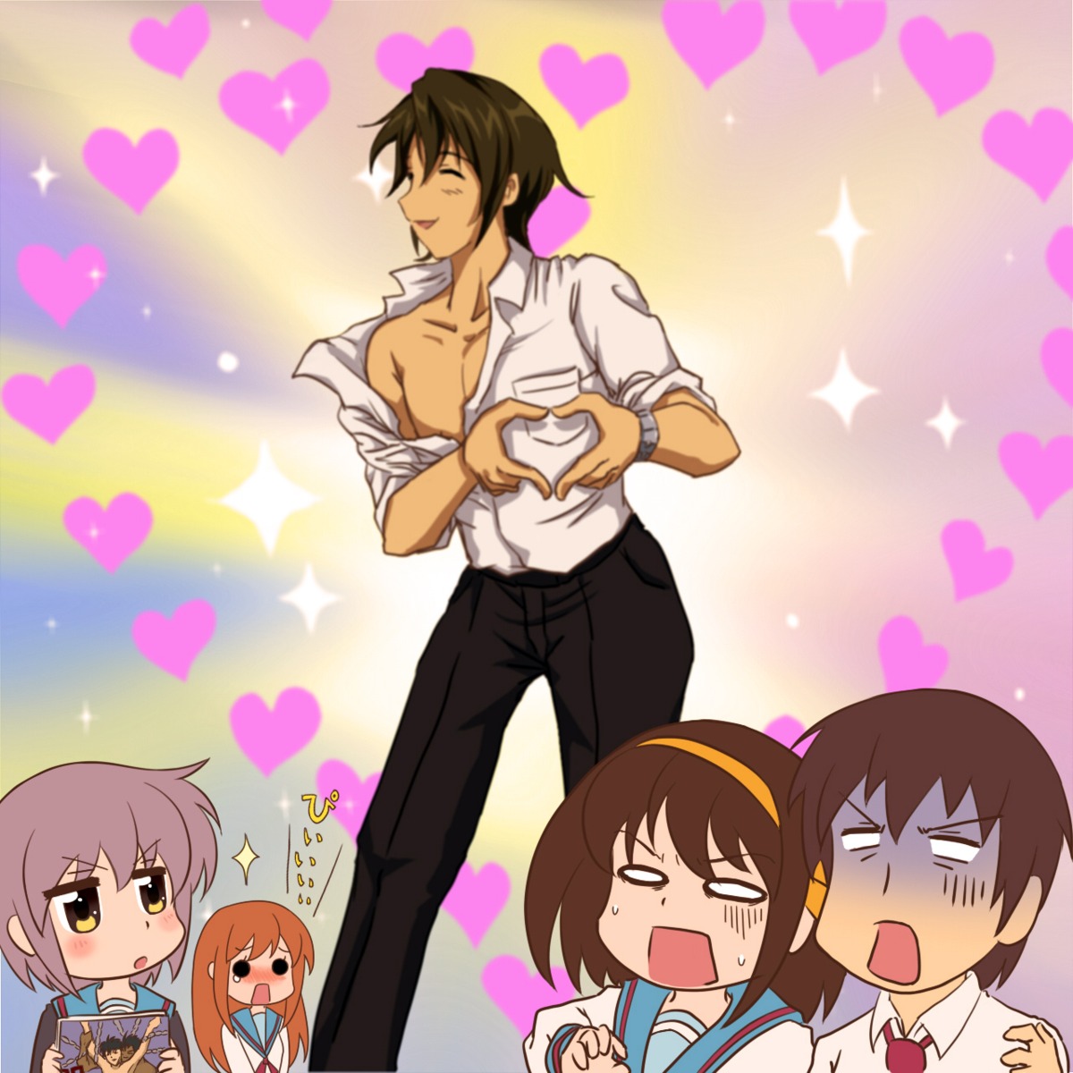 asahina_mikuru, koizumi_itsuki, kyon, matthew, nagato_yuki, open_shirt, seifuku, suzumiya_haruhi, suzumiya_haruhi-chan_no_yuuutsu, suzumiya_haruhi_no_yuuutsu