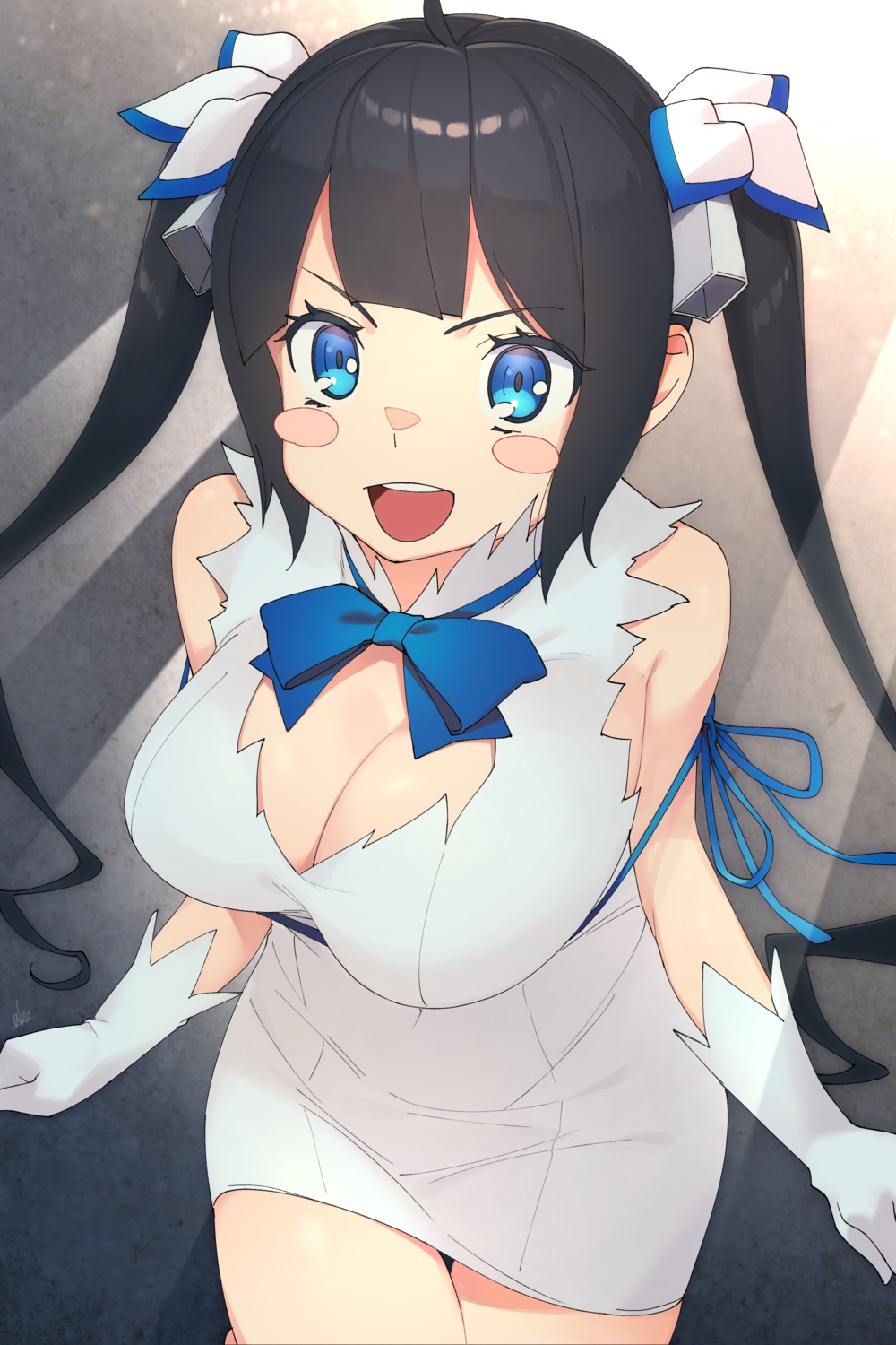 cleavage, dress, dungeon_ni_deai_wo_motomeru_no_wa_machigatteiru_darou_ka, hestia_(danmachi), no_bra, ubo_(ubo_tales)
