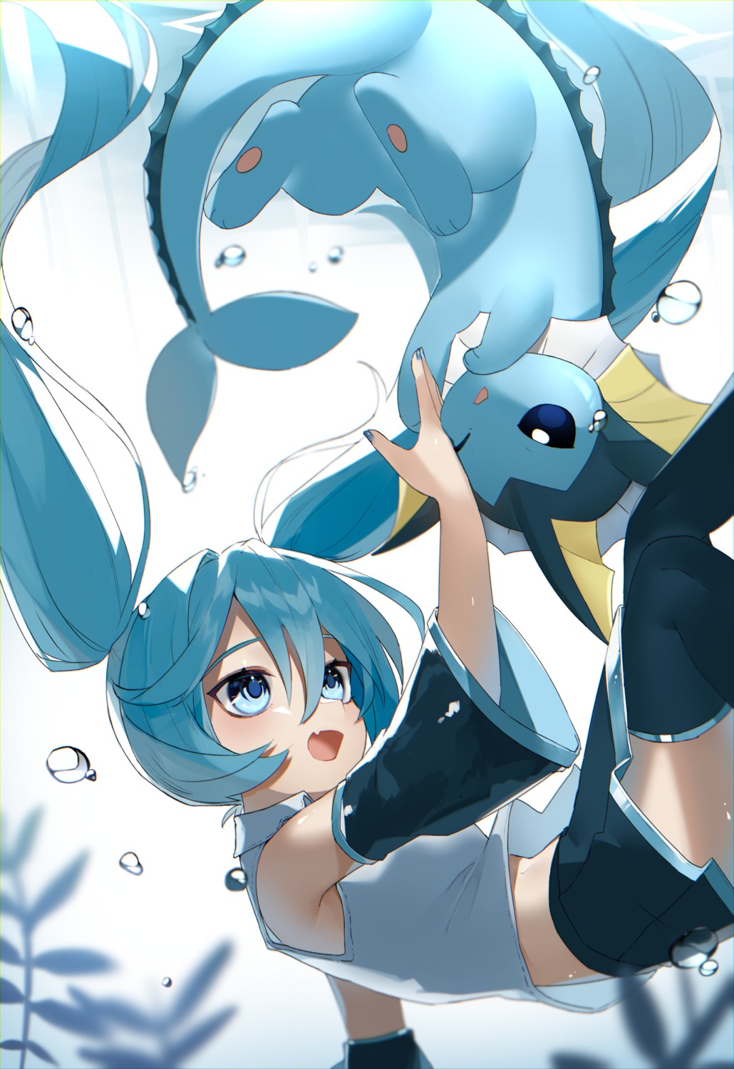crossover, hatsune_miku, pokemon, reirou_(chokoonnpu), skirt_lift, thighhighs, vaporeon, vocaloid