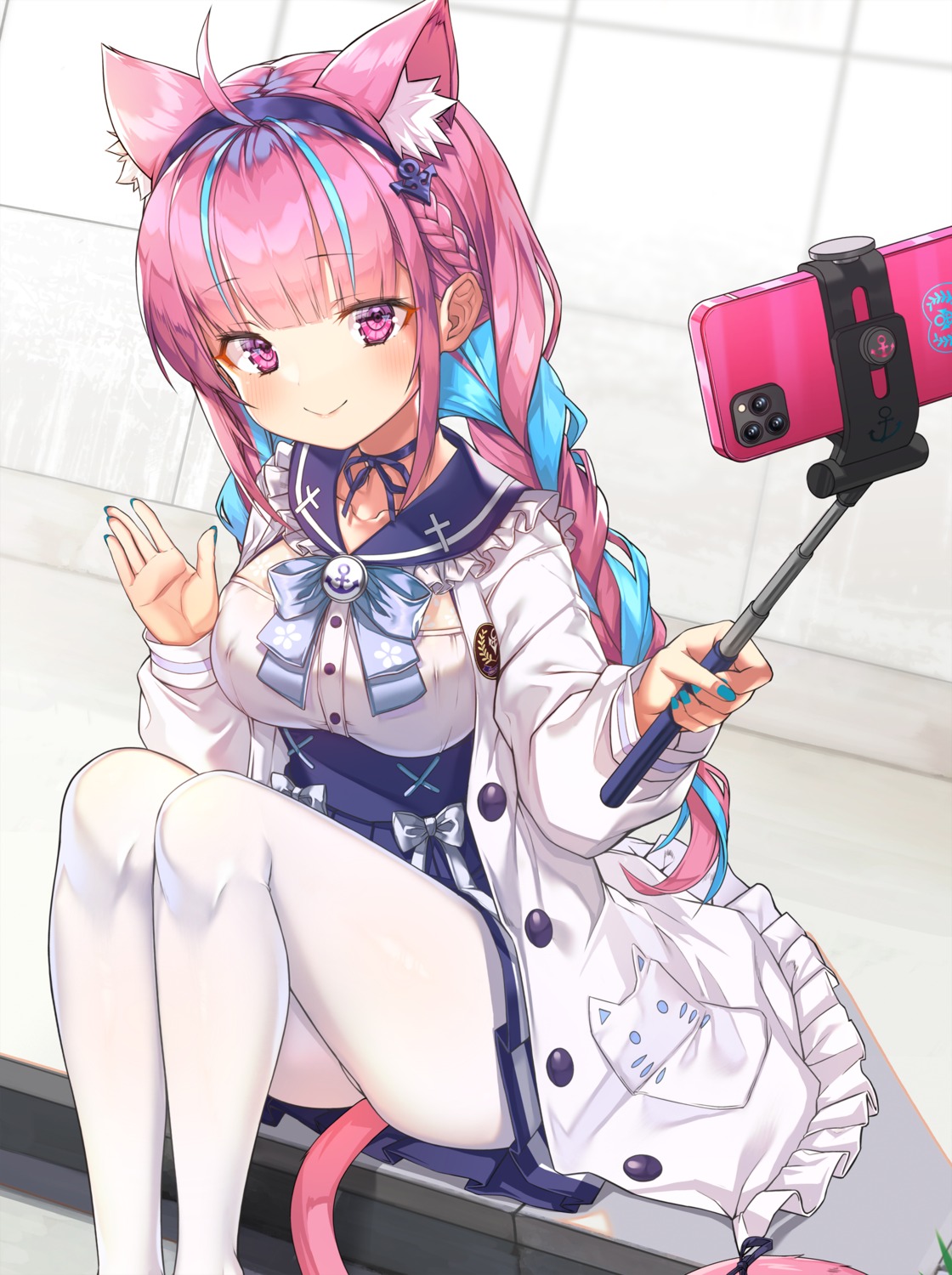 animal_ears, hololive, kinos_(kw00789), minato_aqua, nekomimi, pantyhose, seifuku, selfie