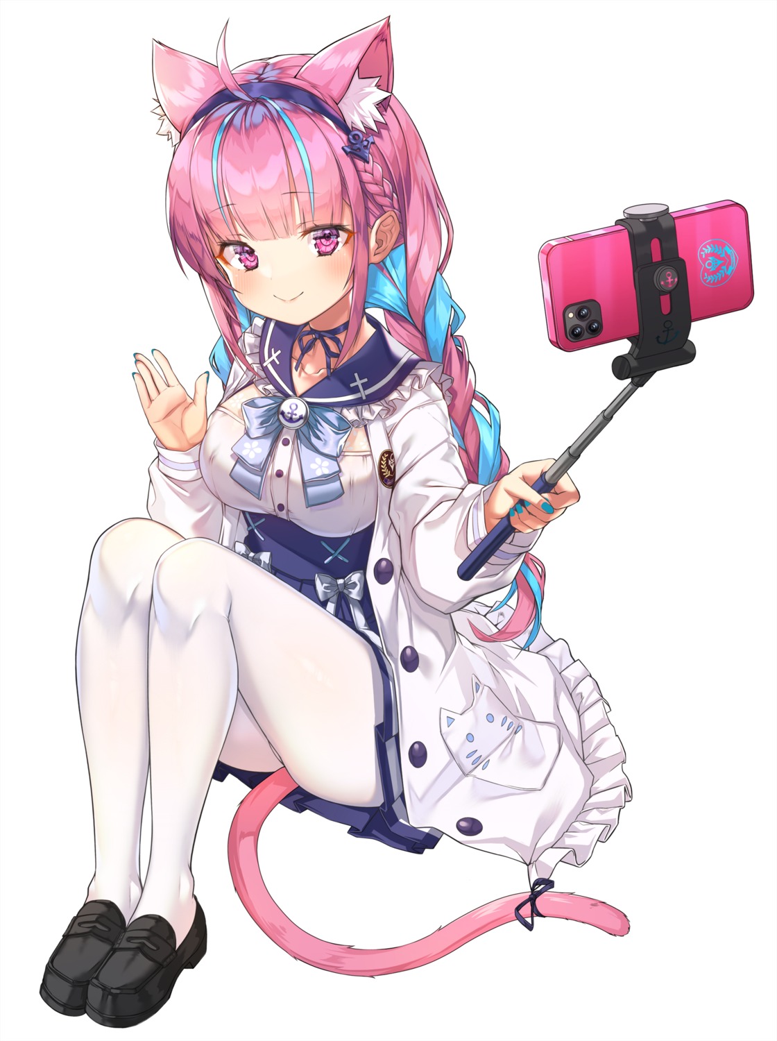 animal_ears, hololive, kinos_(kw00789), minato_aqua, nekomimi, pantyhose, seifuku, selfie