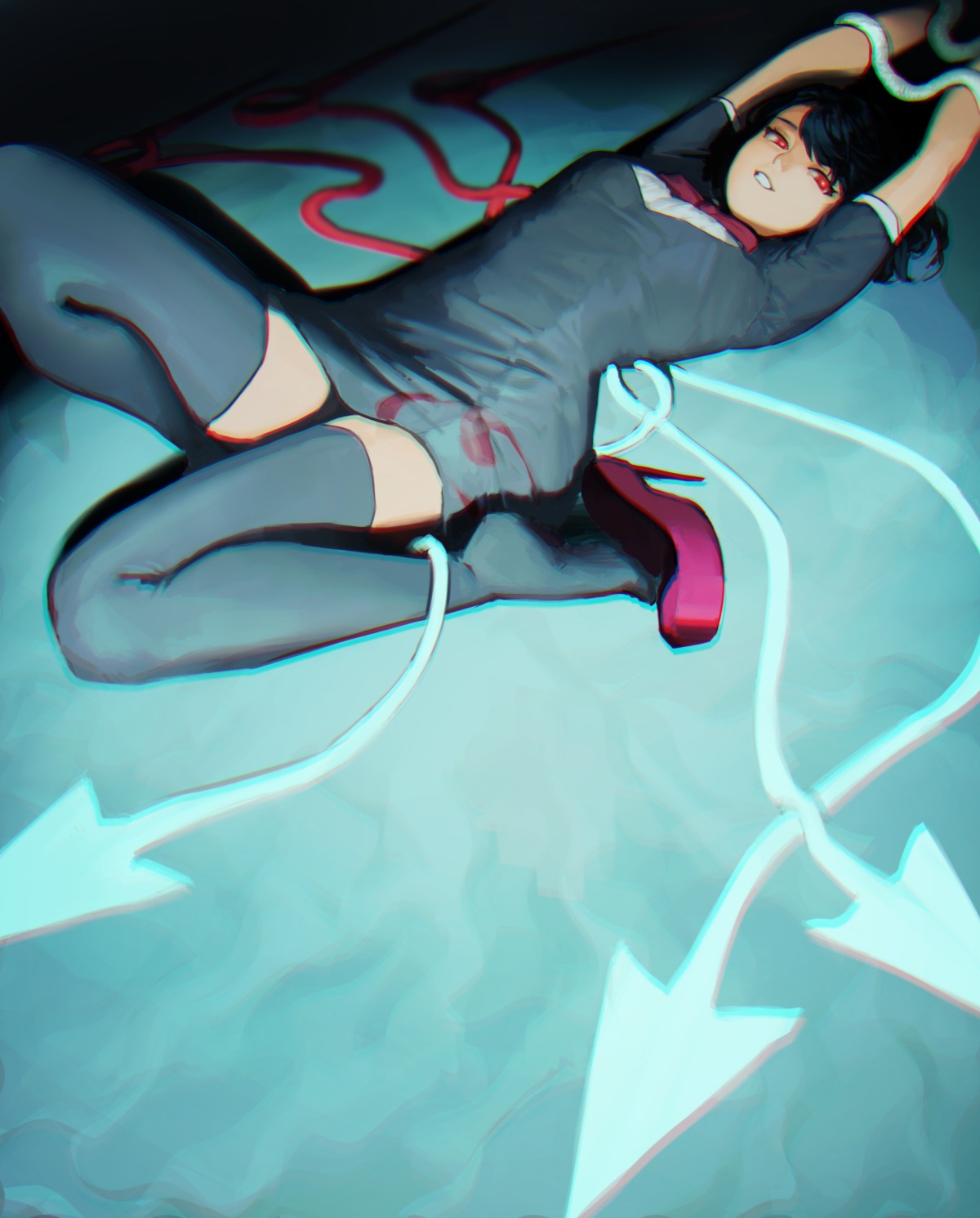 heels, houjuu_nue, motsuba, skirt_lift, thighhighs, touhou