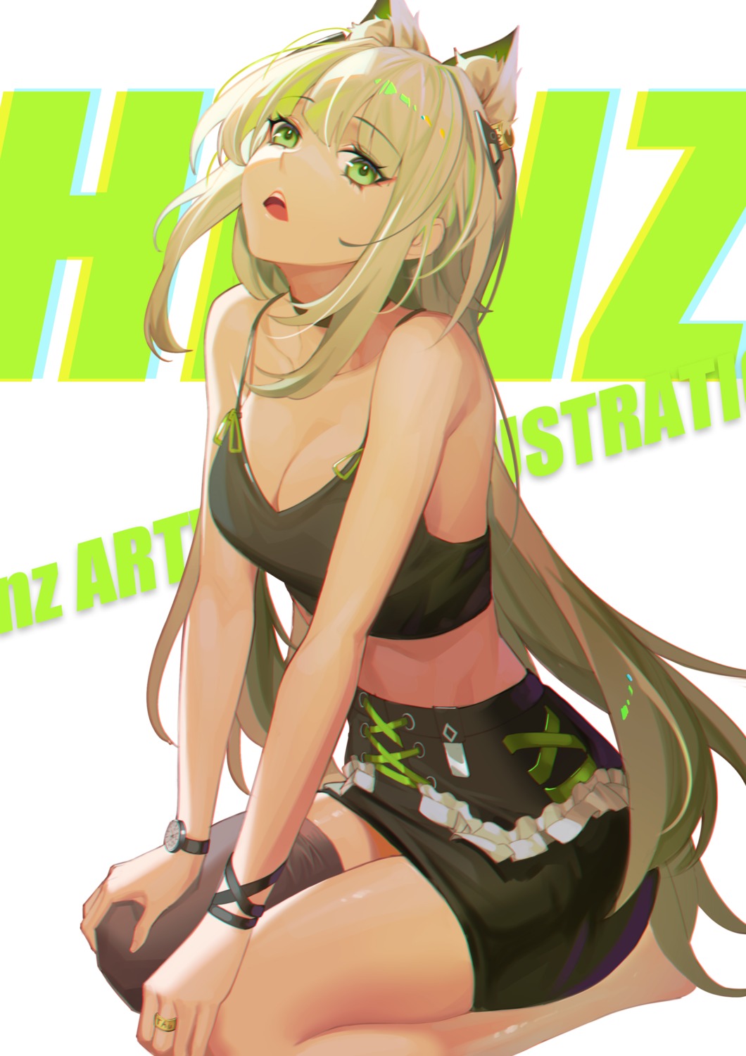 animal_ears, arknights, cleavage, henz, kal'tsit_(arknights), no_bra, thighhighs