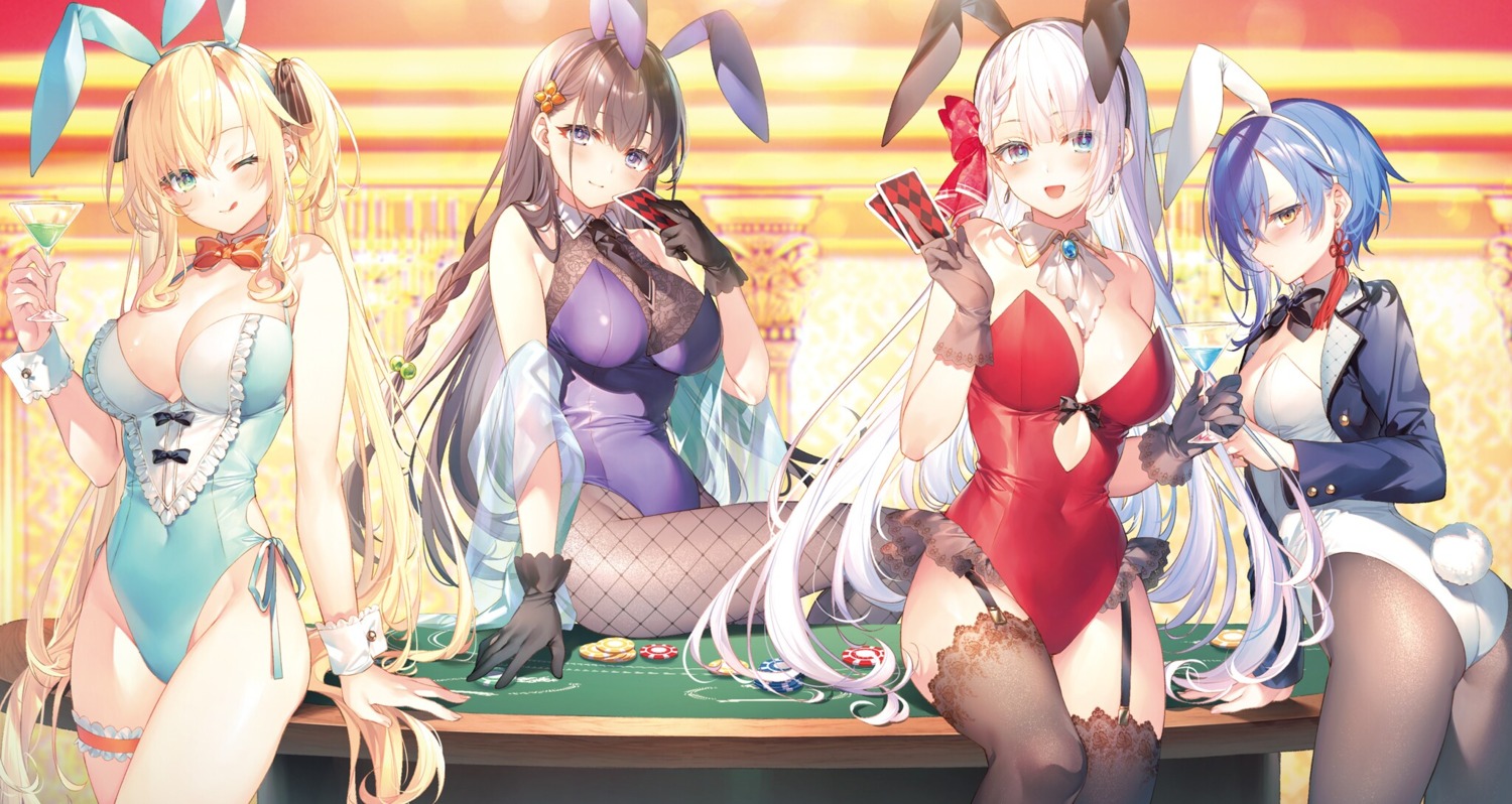 animal_ears, ass, bunny_ears, bunny_girl, elfiné_phillet, fishnets, garter, no_bra, pantyhose, regina_mercedes, riselia_ray_crystalia, sakuya_sieglinde, seiken_gakuin_no_maken_tsukai, stockings, tail, thighhighs, toosaka_asagi