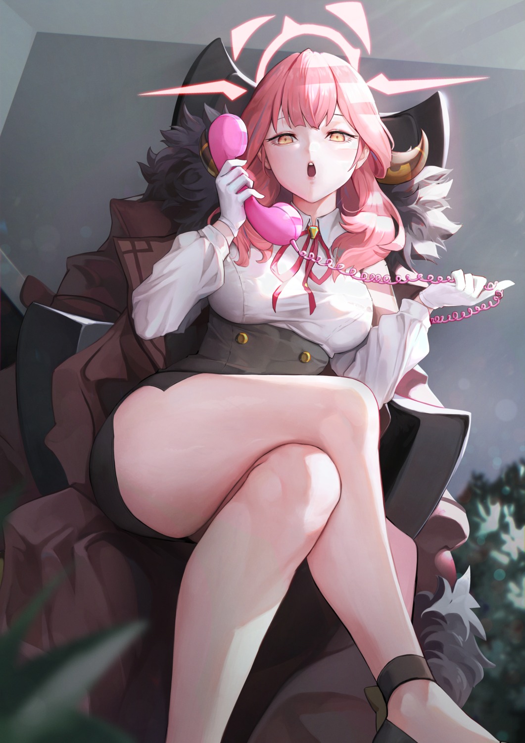 blue_archive, dress_shirt, halo, horns, rikuhachima_aru, skirt_lift, y.i._(lave2217)