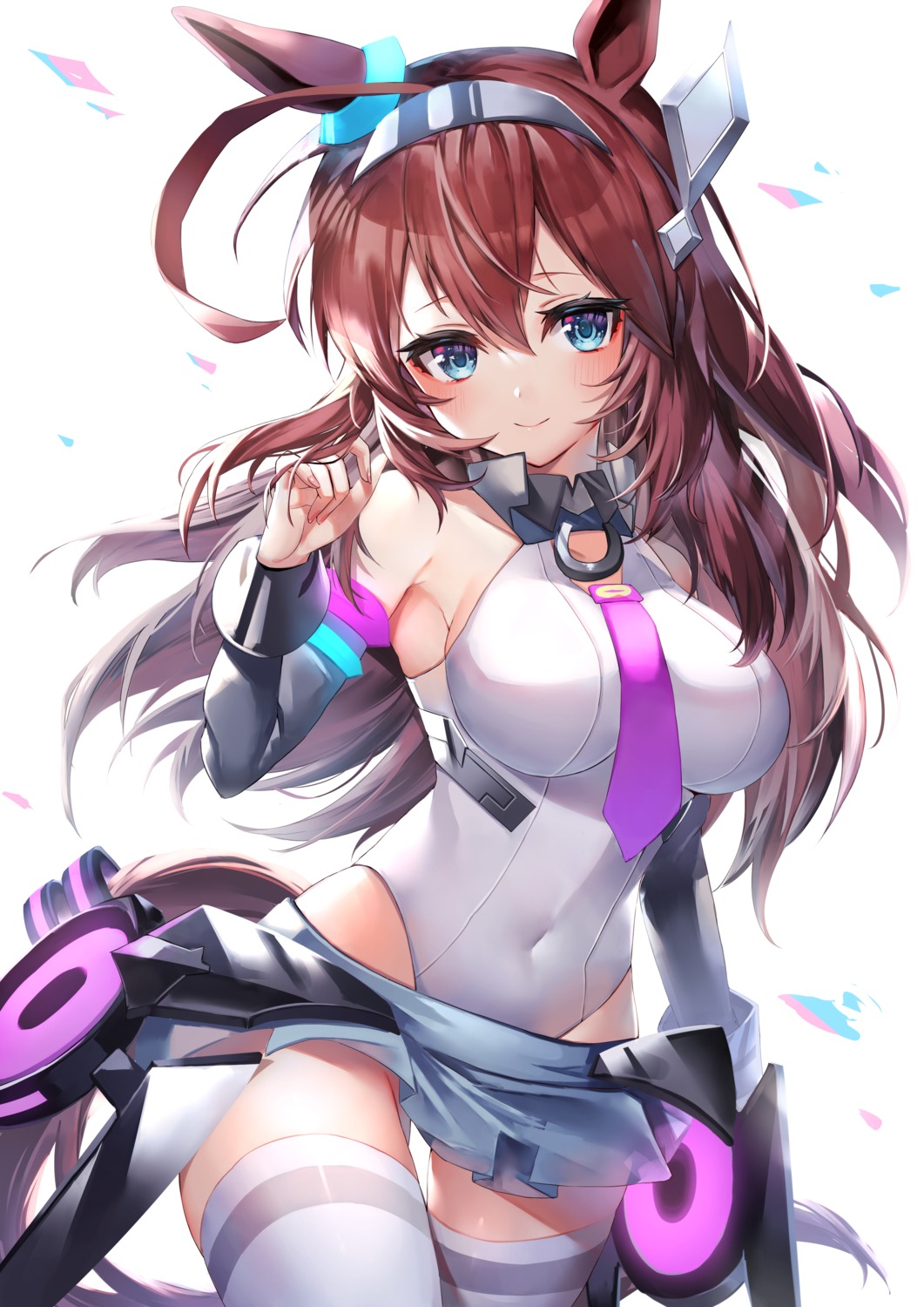 40_(0f0urw), animal_ears, leotard, mihono_bourbon_(umamusume), see_through, skirt_lift, tail, thighhighs