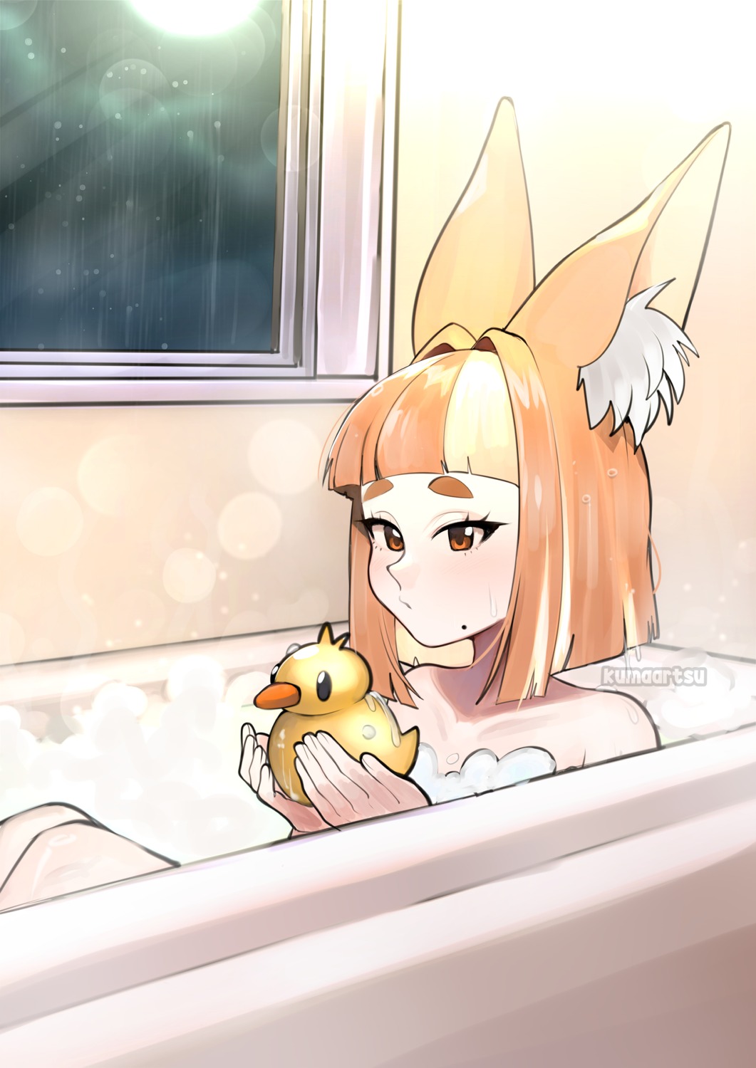 animal_ears, bathing, cream, kitsune, kumaartsu, topless