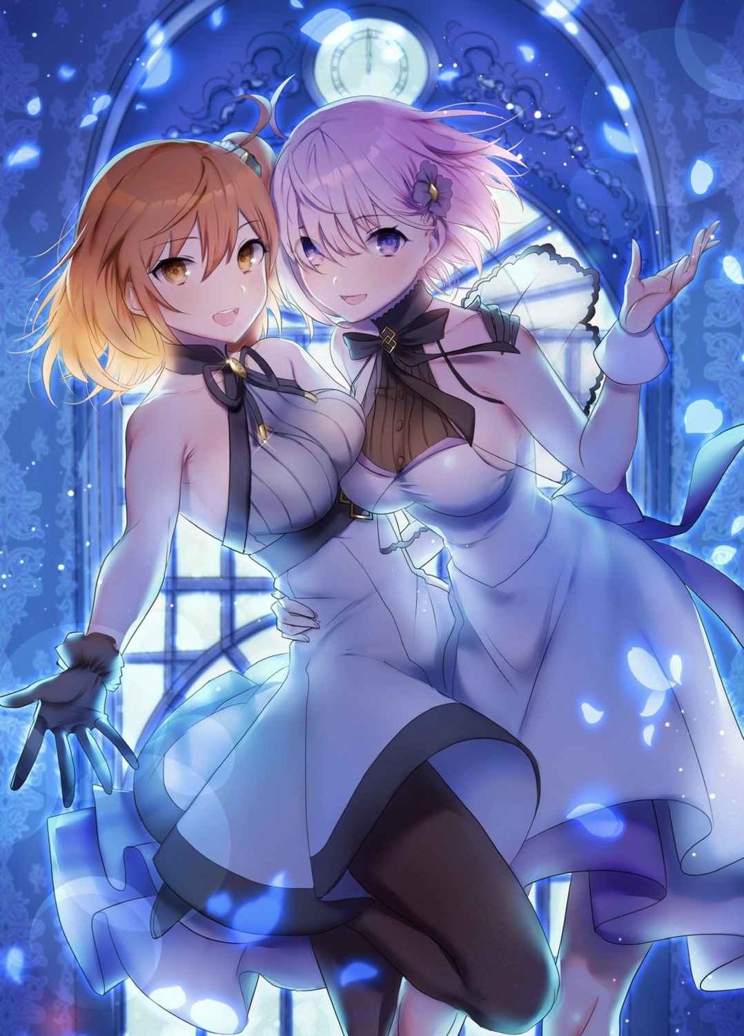 dress, fate/grand_order, fujimaru_ritsuka_(female), katase_bono, mash_kyrielight, no_bra, pantyhose, skirt_lift