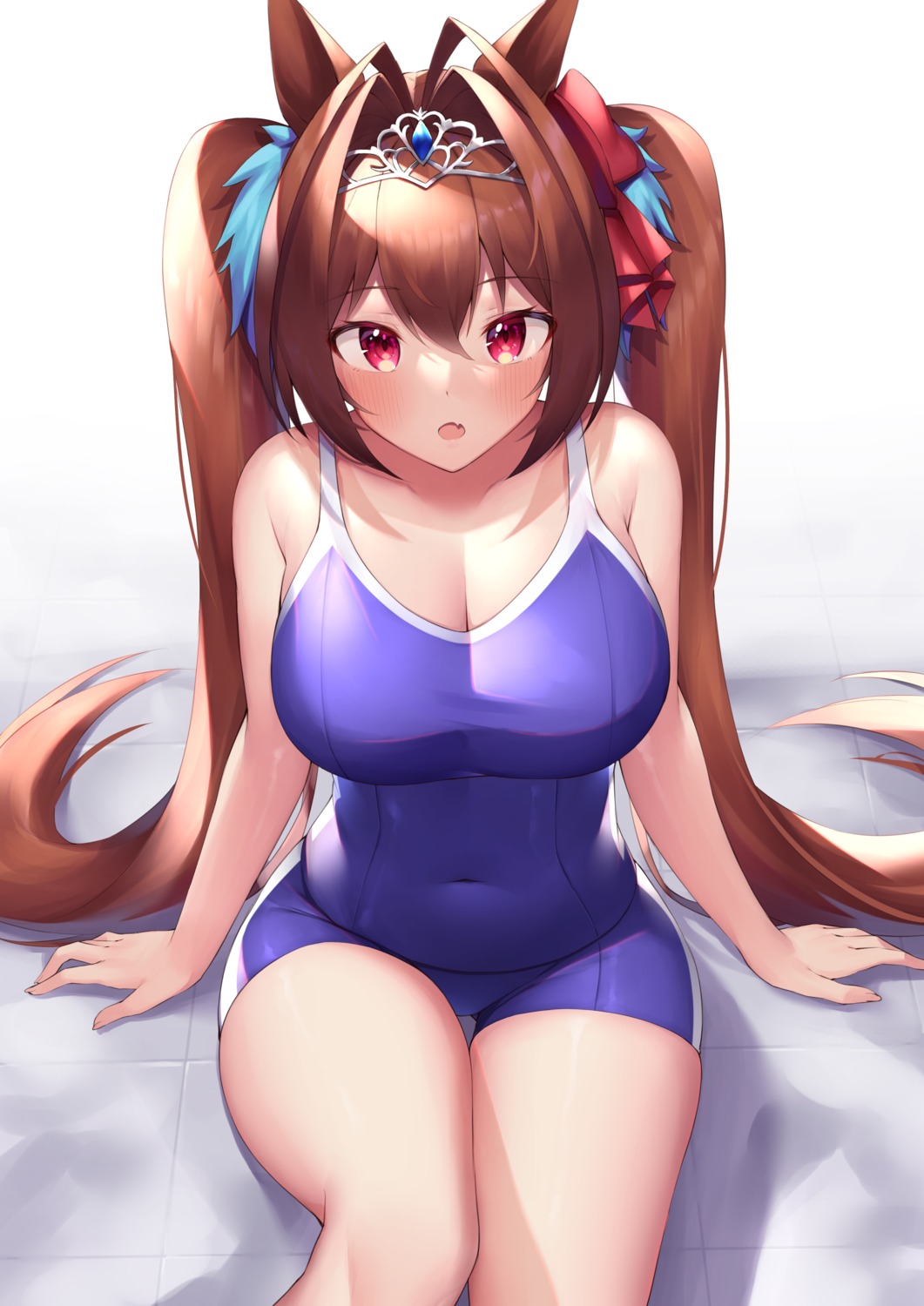 animal_ears, cleavage, daiwa_scarlet_(umamusume), niyun_(n_niyu), school_swimsuit, swimsuits, uma_musume_pretty_derby, wet