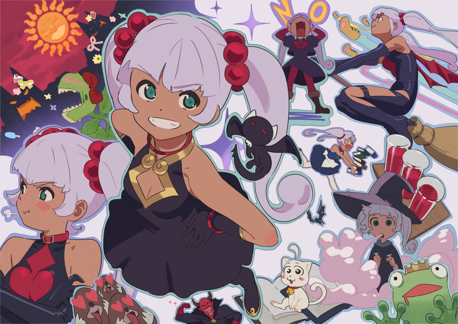 bodysuit, cleavage, dress, glenda, kamo_kamen, neko, pantyhose, puchi_puri_yucie, skirt_lift, witch
