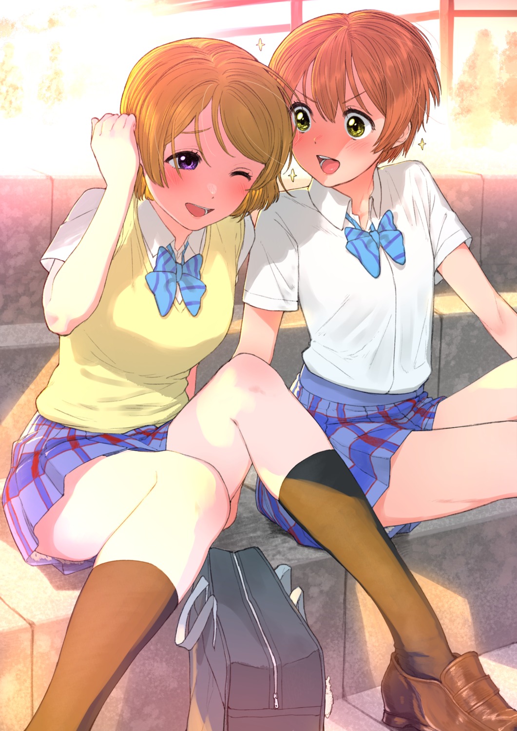 hoshizora_rin, koizumi_hanayo, love_live!, love_live!_(series), seifuku, skirt_lift, sweater, turbo_engine_(rakugaki_tabo)