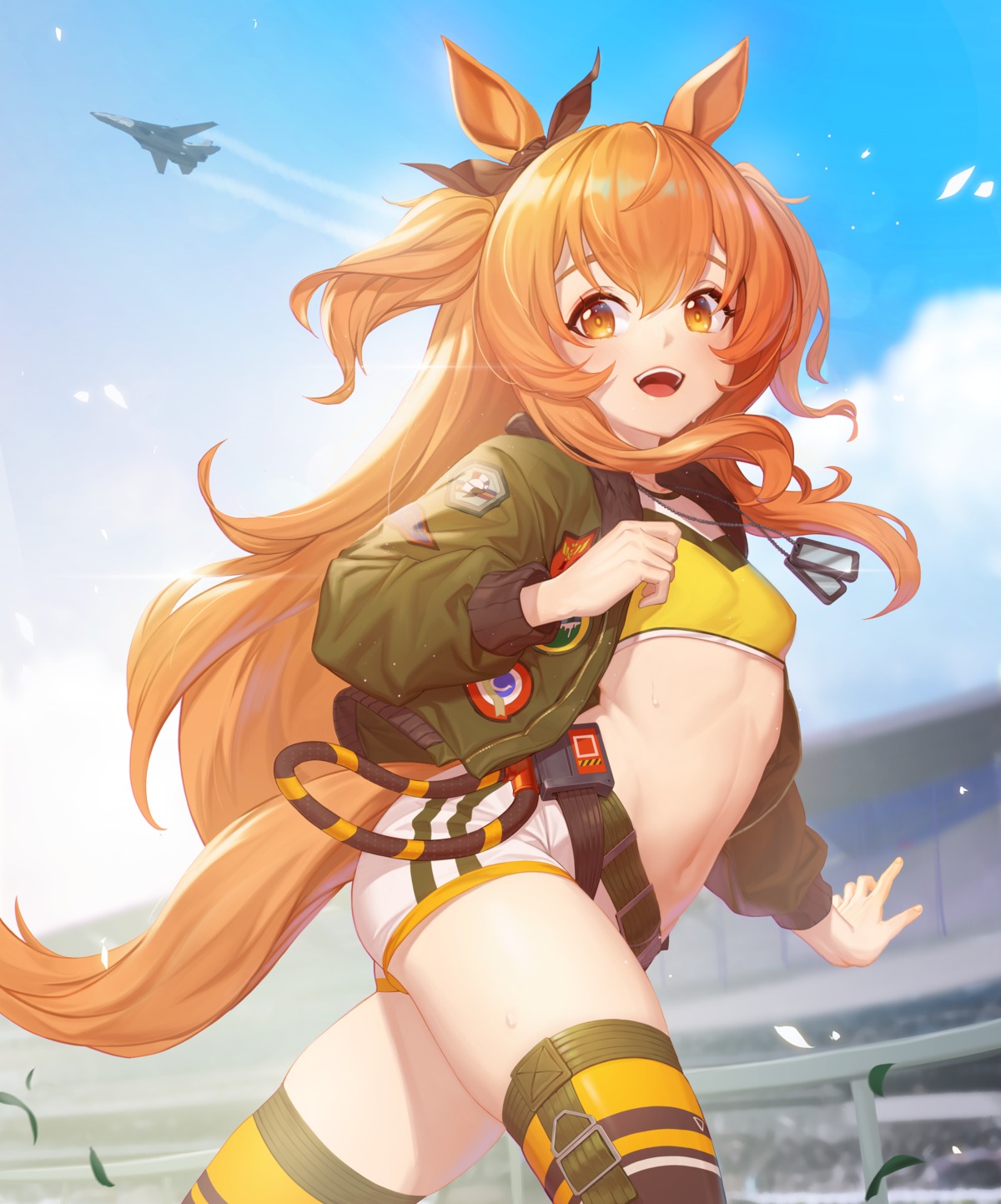 animal_ears, dkxlek, mayano_top_gun_(umamusume), tail, thighhighs, uma_musume_pretty_derby, uniform