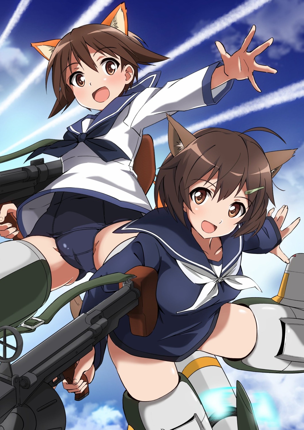 animal_ears, cameltoe, gun, inumimi, karibuchi_hikari, miyafuji_yoshika, school_swimsuit, seifuku