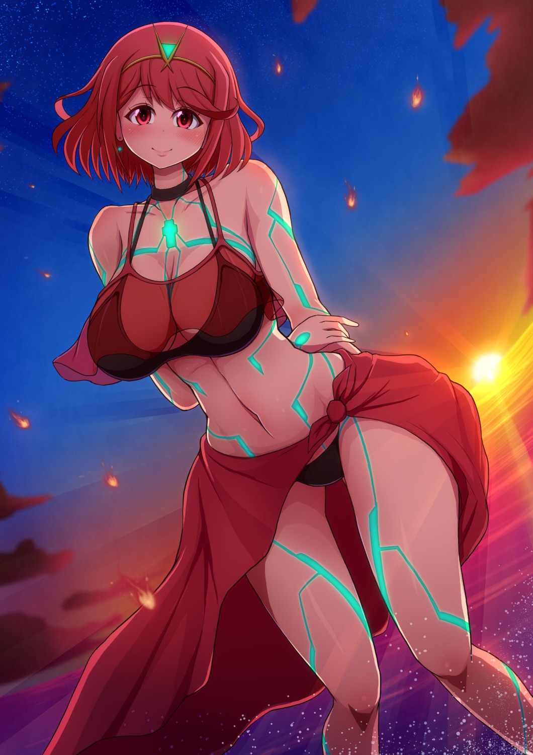 bikini, cleavage, homura_(xenoblade_2), ponpon-maru, swimsuits, tattoo, xenoblade_(series), xenoblade_2