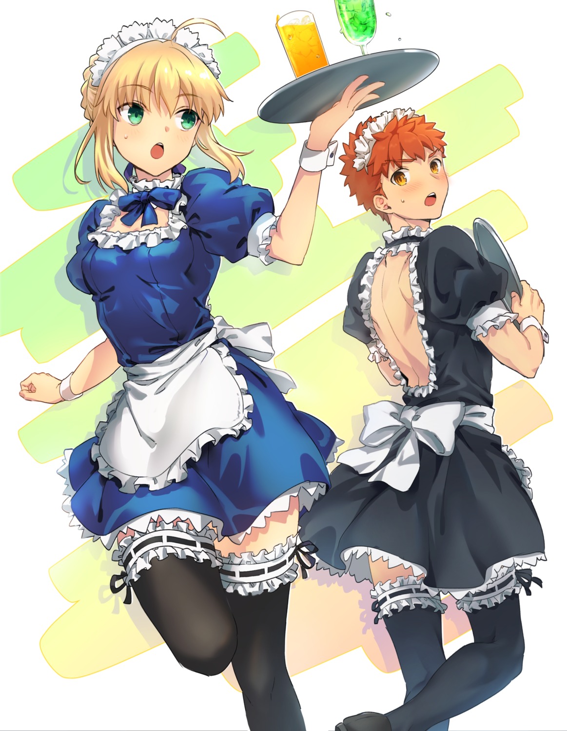 artoria_pendragon_(fate), crossdress, emiya_shirou, fate/stay_night, maid, thighhighs, tuto_(mokuchin09)