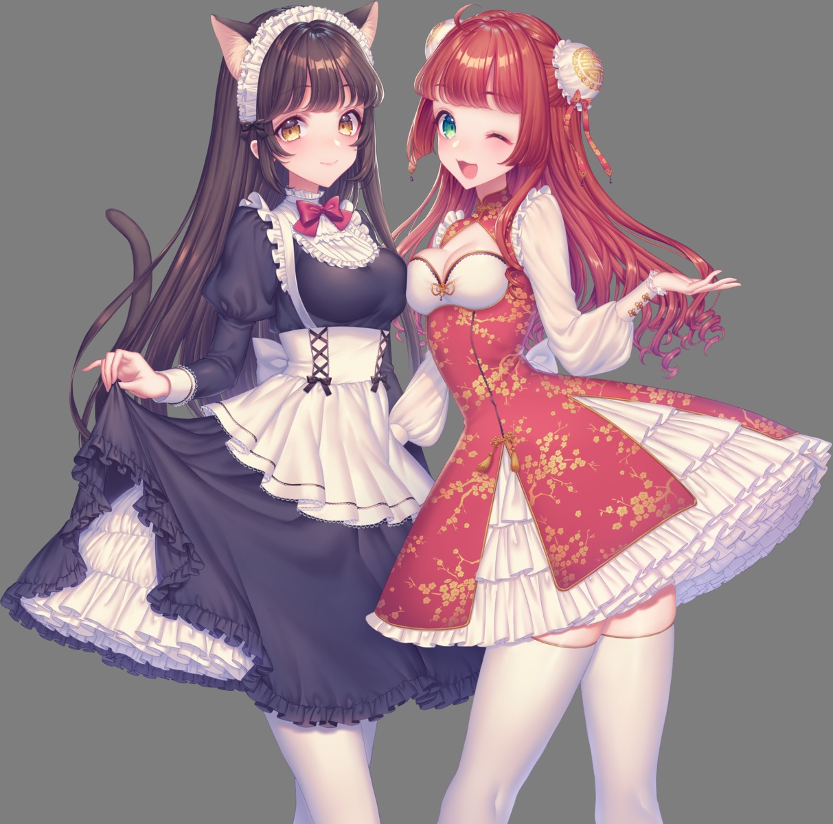 animal_ears, cleavage, lolita_fashion, maid, nekomimi, sakura_shiho, skirt_lift, tail