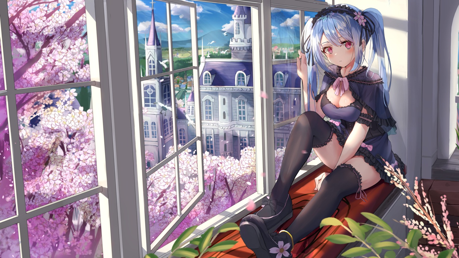 cleavage, indie_virtual_youtuber, koharu_toki, landscape, lolita_fashion, nose_(oekaki1825), skirt_lift, thighhighs