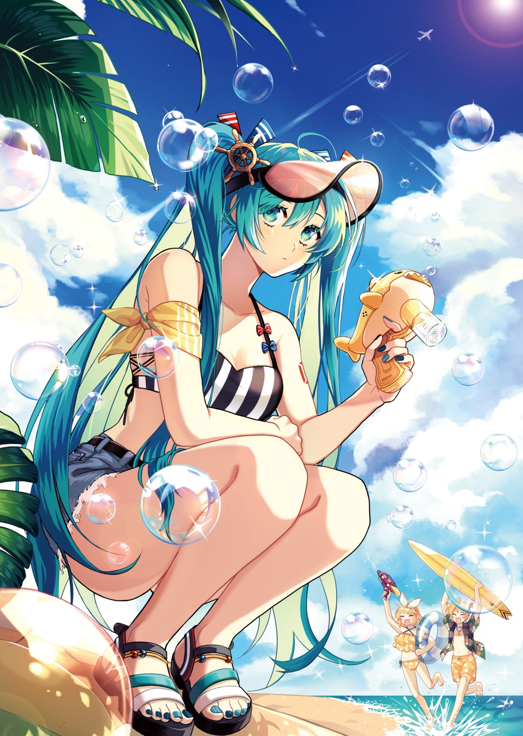 bikini, bikini_top, cleavage, gun, hatsune_miku, kagamine_len, kagamine_rin, roul, swimsuits, tattoo, vocaloid, wet