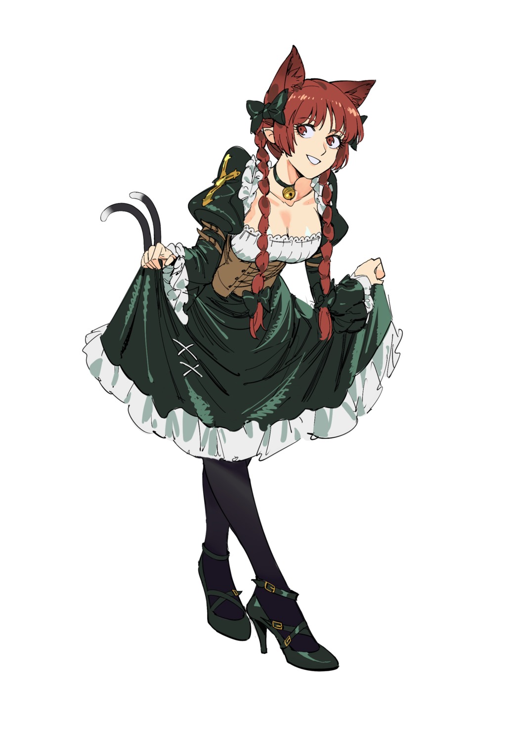 animal_ears, heels, kaenbyou_rin, ruukii_drift, skirt_lift, tail, touhou