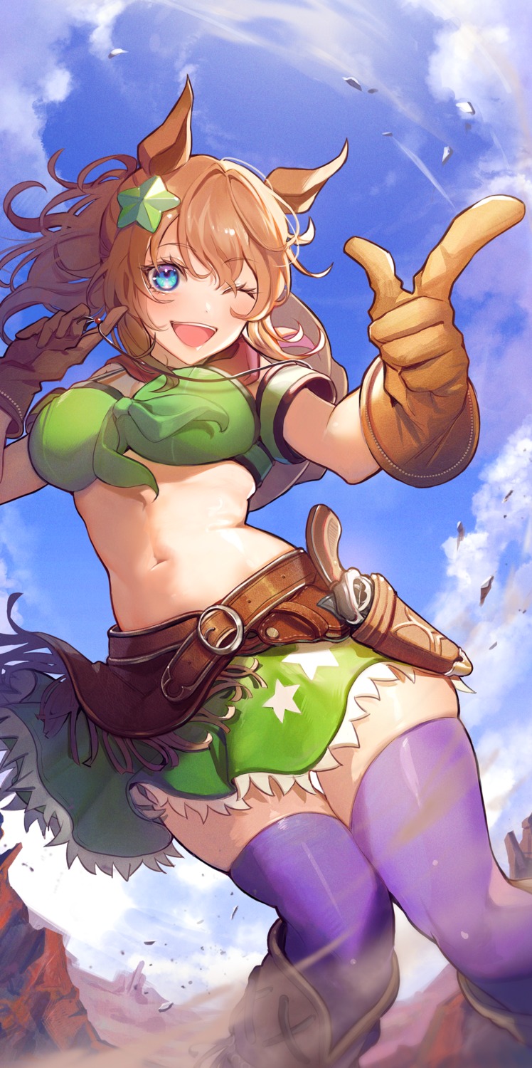 animal_ears, gun, rize, skirt_lift, taiki_shuttle_(umamusume), tail, thighhighs, uma_musume_pretty_derby