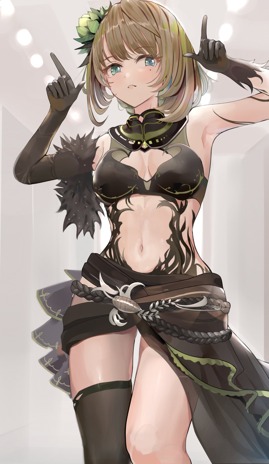 bikini_armor, cleavage, heterochromia, pjkka, takagaki_kaede, the_idolm@ster, the_idolm@ster_cinderella_girls, thighhighs