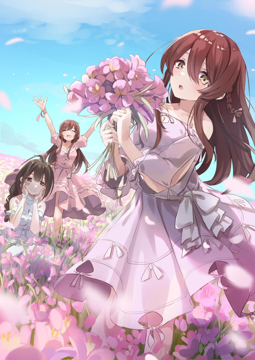 dress, kuwayama_chiyuki, natsuki_(gedo), oosaki_amana, oosaki_tenka, skirt_lift, the_idolm@ster, the_idolm@ster_shiny_colors