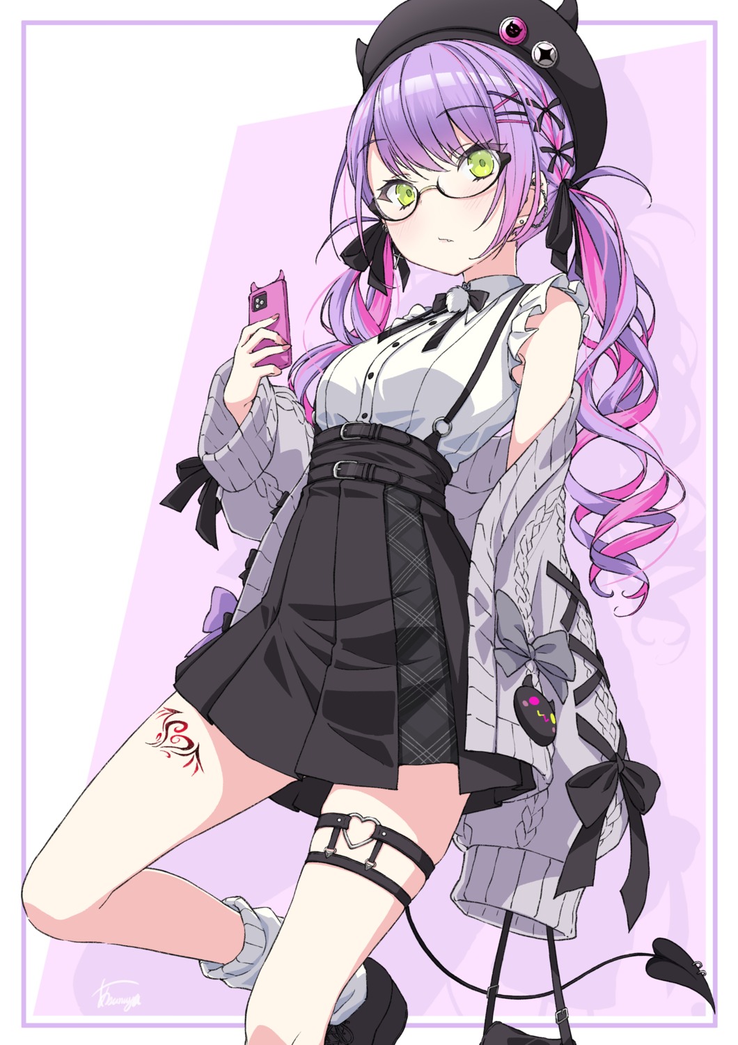 asanaya, garter, hololive, megane, sweater, tail, tattoo, tokoyami_towa