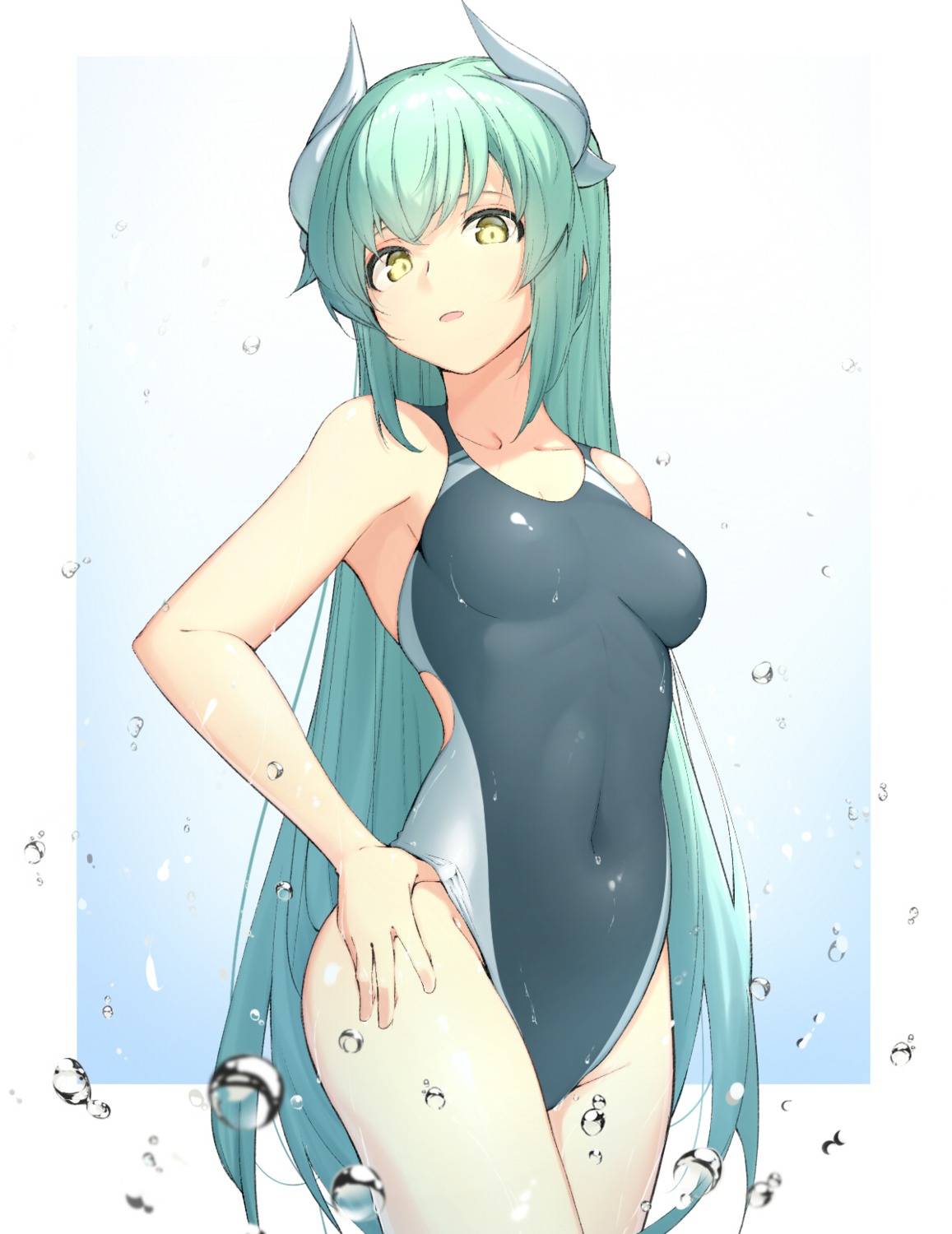 arata_(noneetyesnito), fate/grand_order, horns, kiyohime_(fate), swimsuits, wet