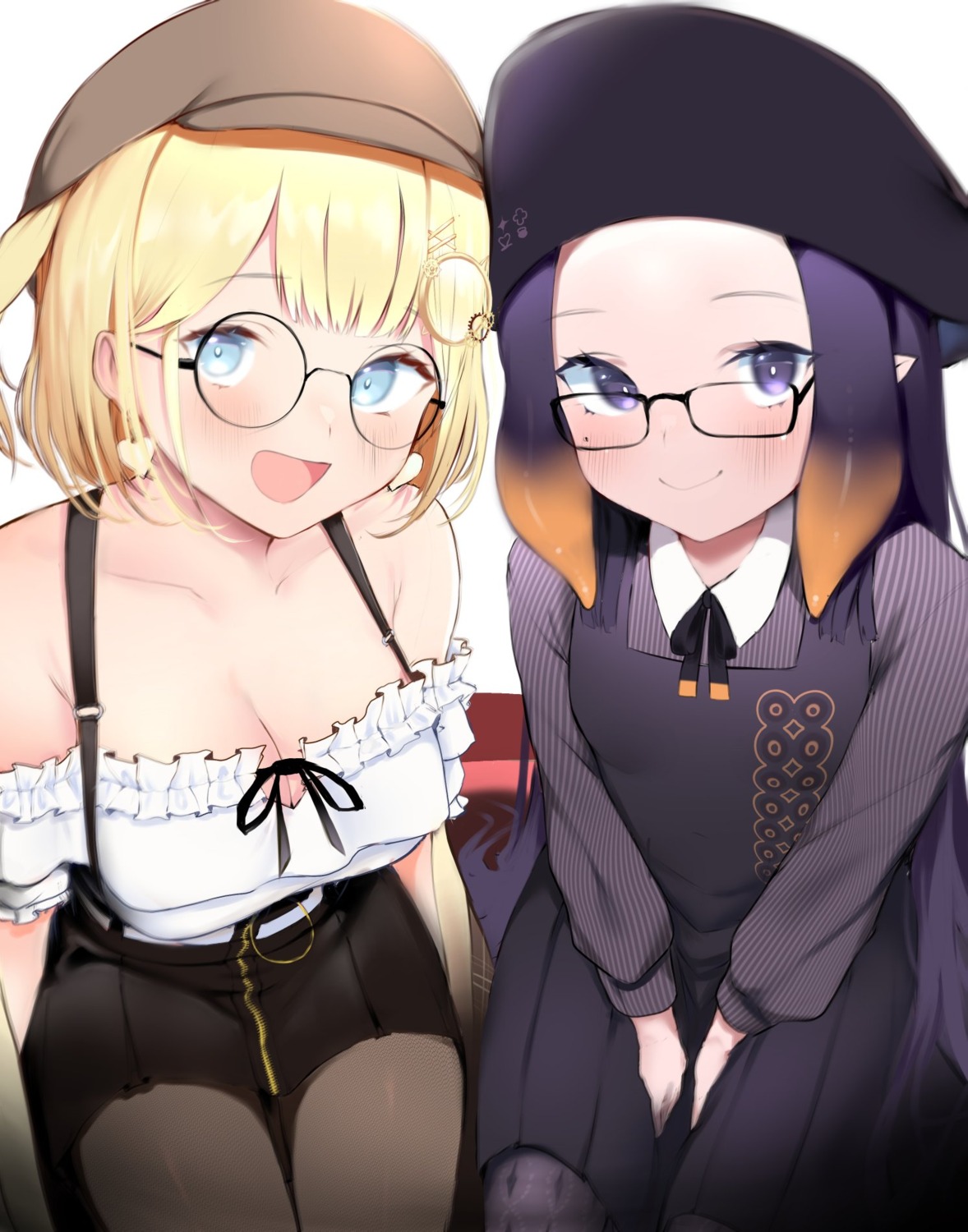 cleavage, dress, hololive, hololive_english, megane, ninomae_ina'nis, no_bra, pantyhose, pointy_ears, teriibol, watson_amelia