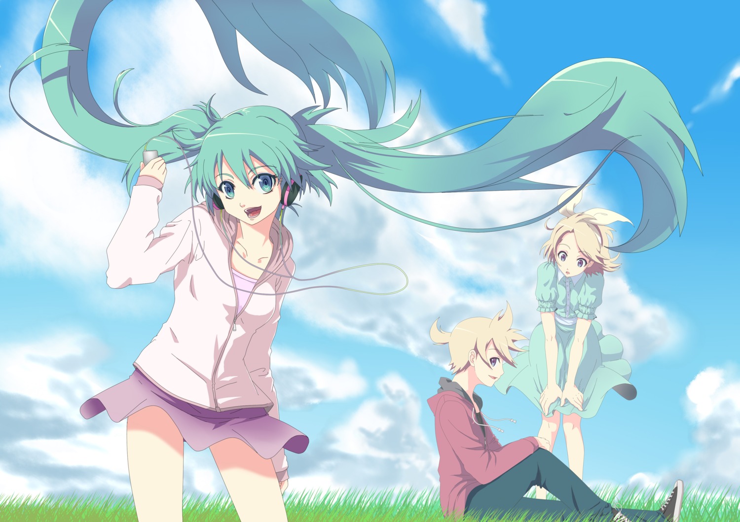 hatsune_miku, kagamine_len, kagamine_rin, landscape, vocaloid, yooguru